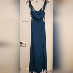 WINDSOR DARK TEAL FLOOR LENGTH OPEN SIDES/ BACK STRAPPY